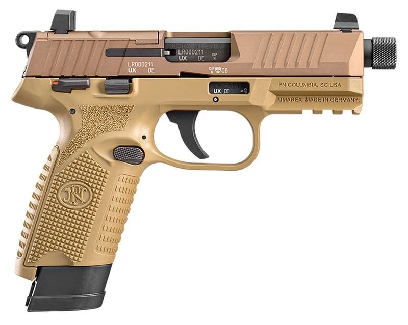 FN 502T Tactical FDE - .22LR Semi-Auto Pistol, Threaded Barrel, Optics Ready, (1) 10rd (1) 15rd Magazine, AMBI TS , Supp. Height Sights.