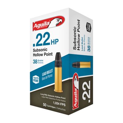 AGUILA SUBSONIC HOLLOW POINT .22 LR AMMUNITION 38 GRAIN HP 1024FPS 50 ROUNDS