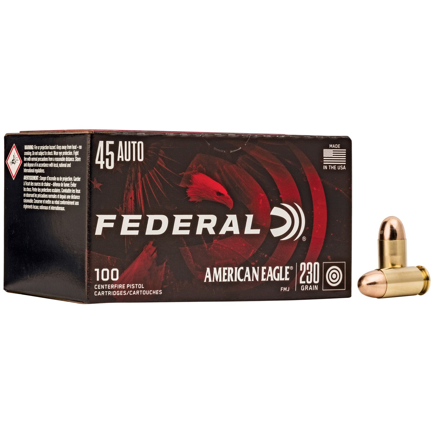 AMERICAN EAGLE 45 AUTO/ACP 230GR FMJ AMMUNITION, 100 PACK