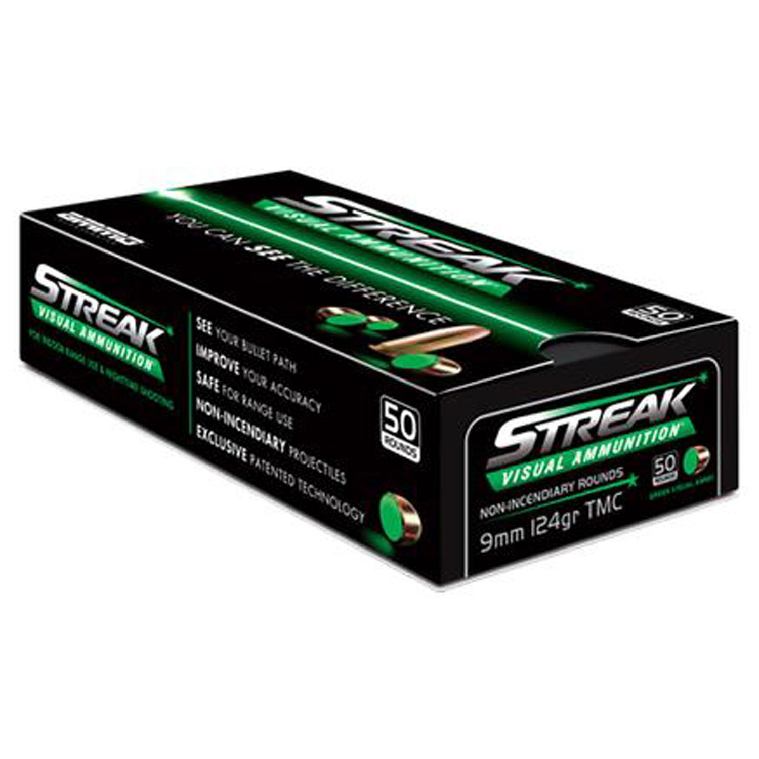 AMMO INC 9MM GREEN STREAK, 124GR TMC, 50RD/BX, 818778023509, 9124TMC-STRK-GRN-50