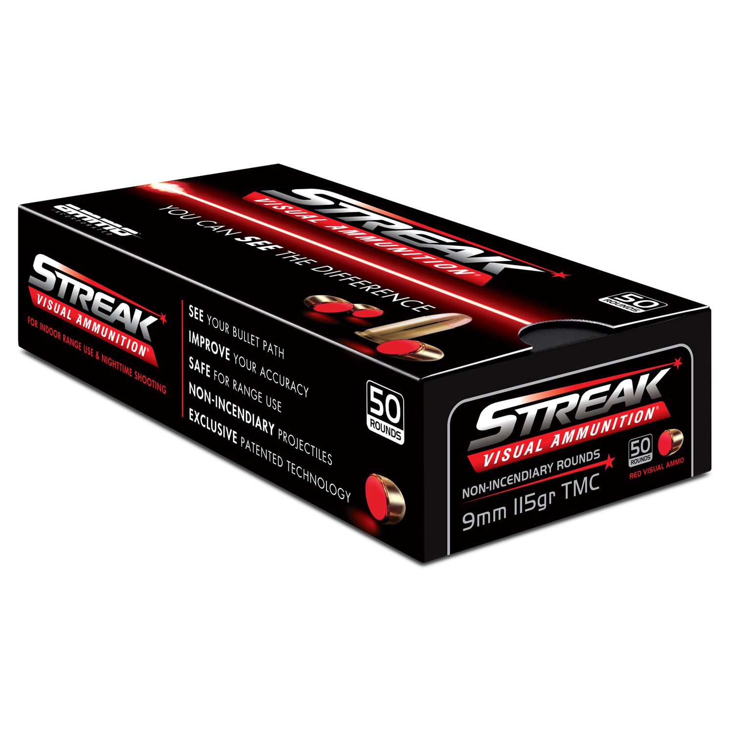 AMMO INC. 9MM STREAK RED, 115GR TMC, 50RD/BX, 9115TMCSTRKRED50