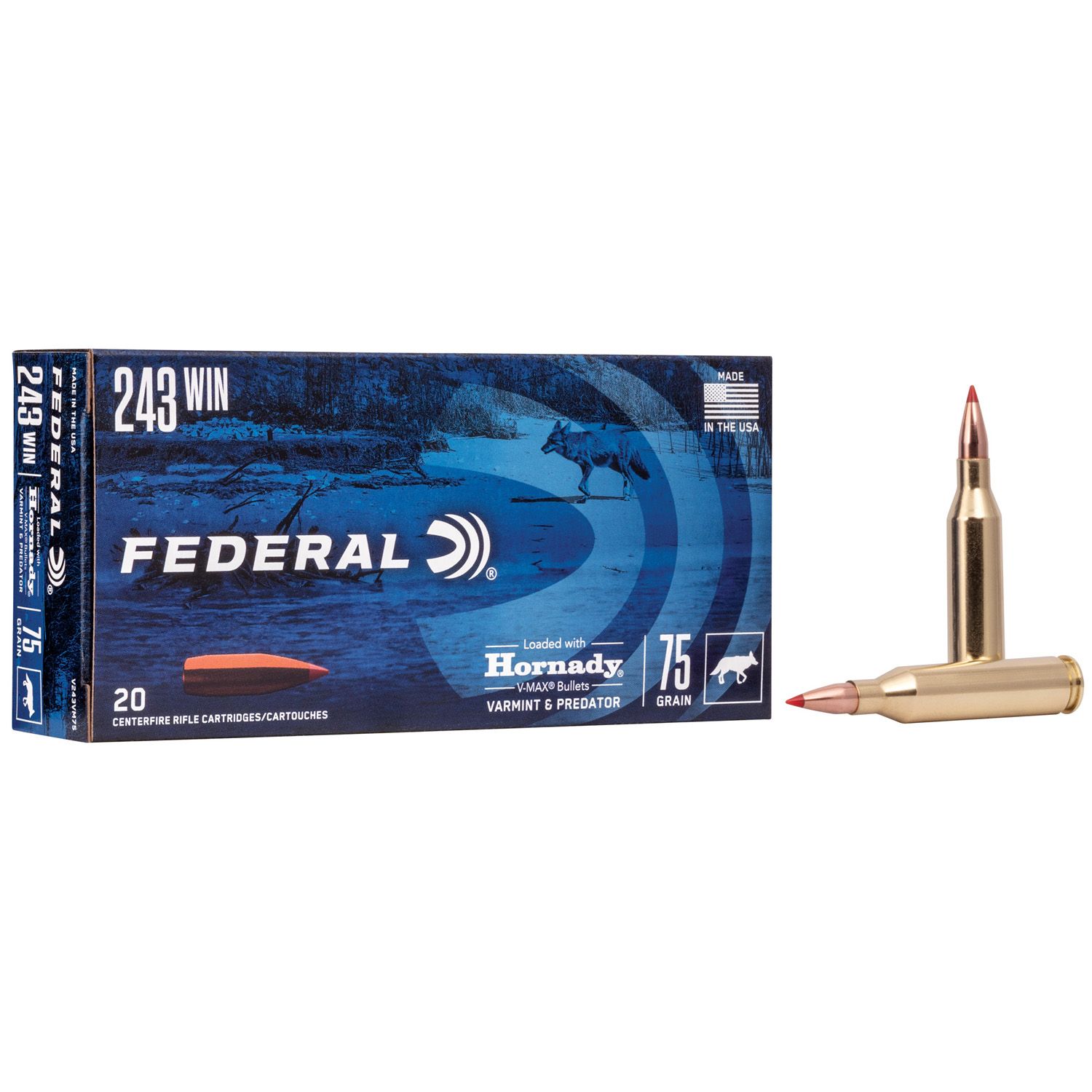 FEDERAL .243 WIN Varmint &amp; Predator, 75GR V-MAX, 20RD/BX, V243VM75