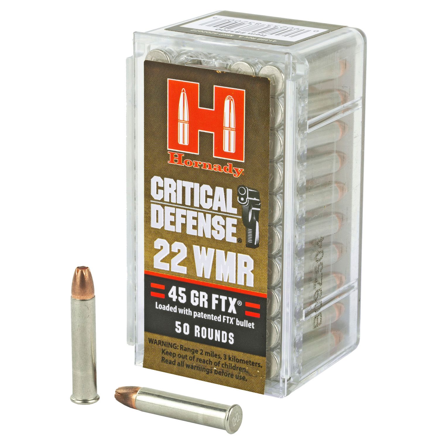 HORNADY, CRITICAL DEFENSE, 22WMR, 45 GRAIN, FTX, 50 ROUND BOX