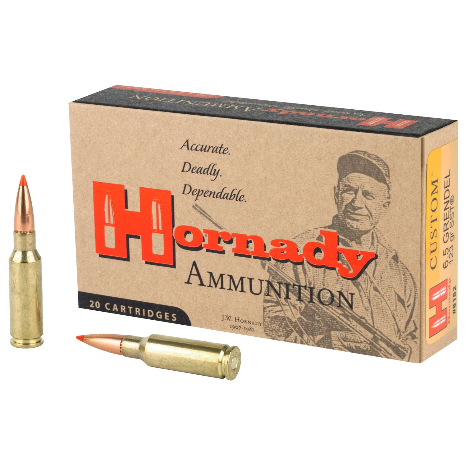HORNADY 6.5 GRENDEL CUSTOM, 123GR SST, 20RD/BX, 8152