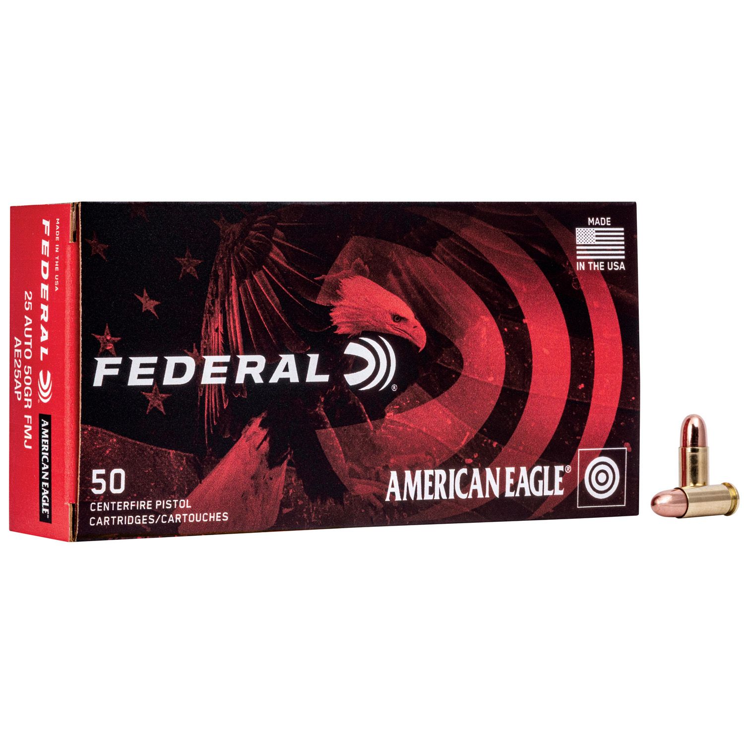 FEDERAL .25ACP Am. Eagle, 50GR FMJ, 50RD/BX, 029465085049, AE25AP