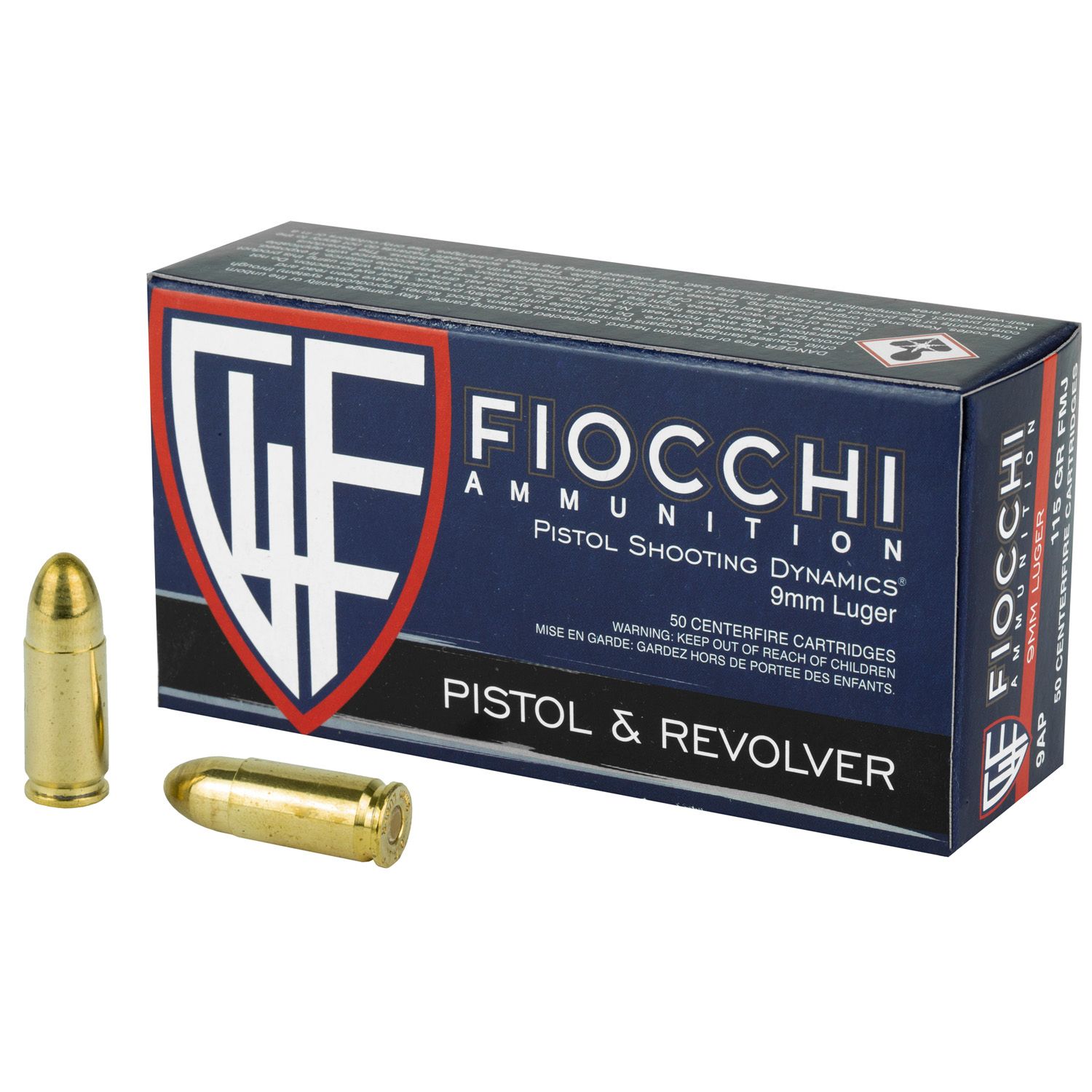 FIOCCHI 9MM HANDGUN AMMUNITION 115 GRAIN FMJ 50RDS 762344001623 FIOC9AP F9AP