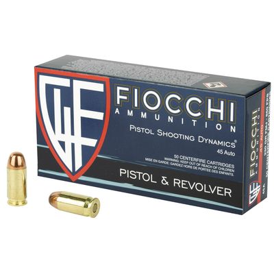 FIOCCHI 45A500 SHOOTING DYNAMICS PISTOL AMMO 45 ACP, FMJ, 230 GR, 875 FPS, 50 RND, BOXED F45A500