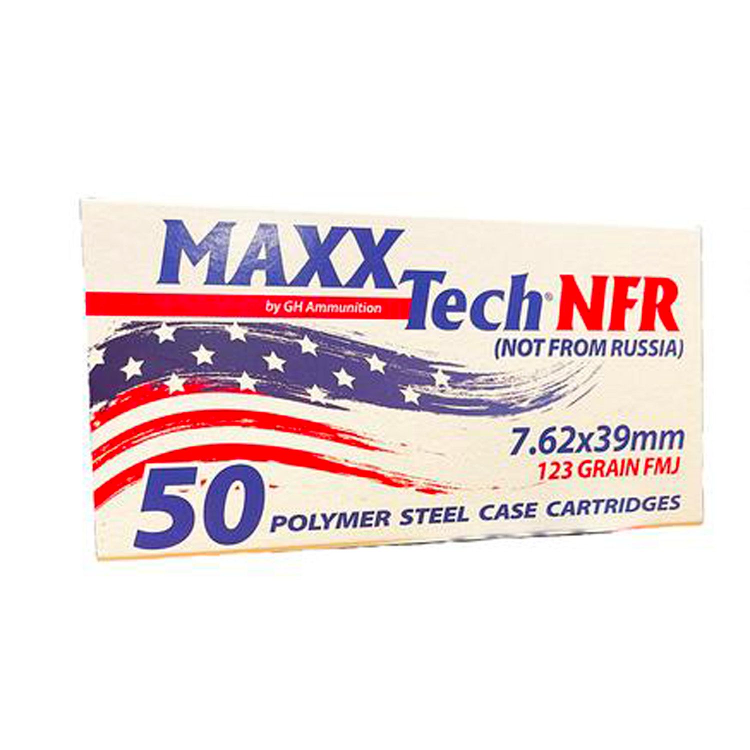 Maxxtech NFR Steel Case Rifle Ammunition 7.62x39mm 123gr FMJ Boxer Primed 50/ct, 810060965047, MTNFR762