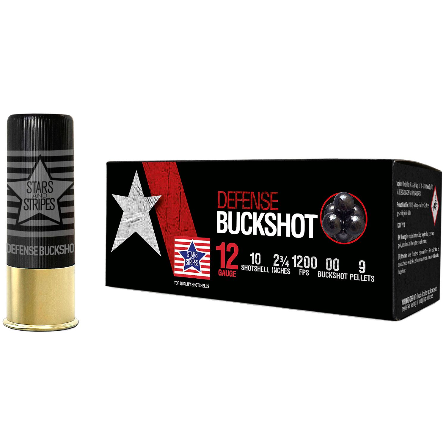 PPU Stars &amp; Stripes Defense Buckshot Shotshells 12ga 2-3/4&quot; 9-pellet 1200 fps 00 10/ct, 8033343363671, CBUCK9
