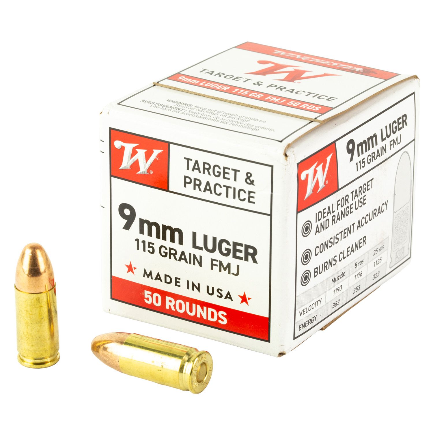 WINCHESTER 9MM, 115GR FMJ, 50RD/BX, W9MM50