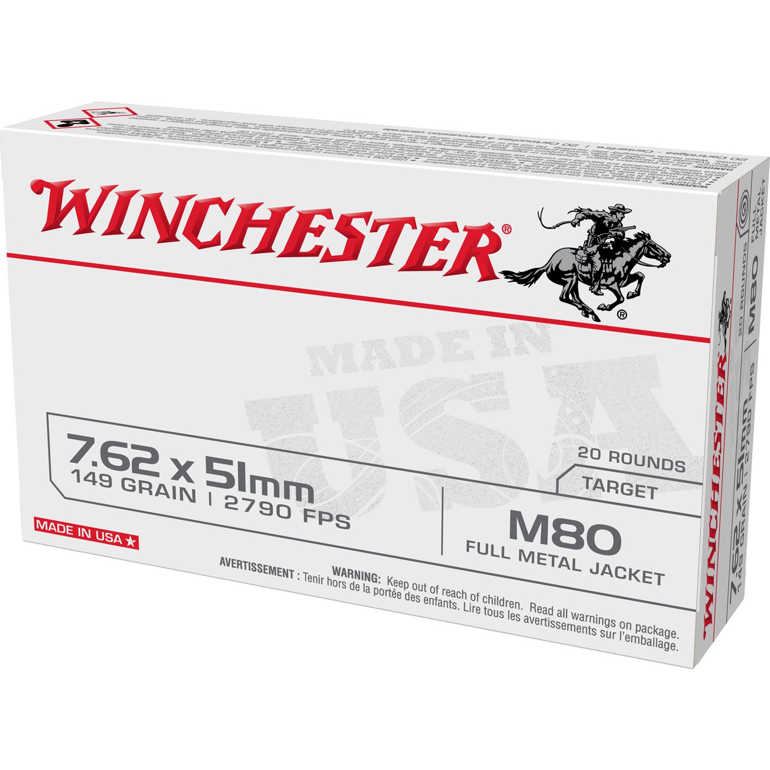 WINCHESTER 7.62x51 M80, 149GR FMJ, 20RD/BX, 020892229716, WM80