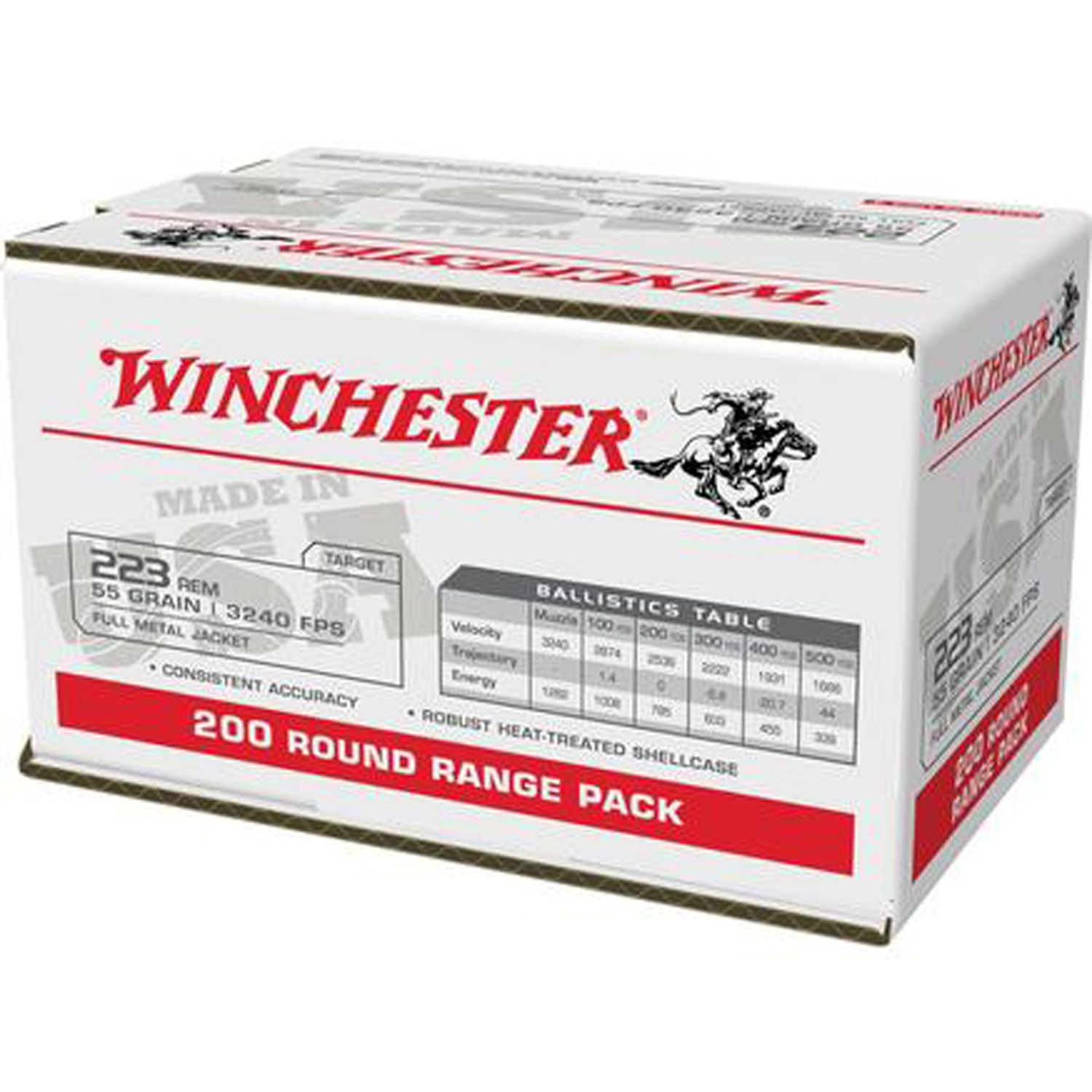 WINCHESTER USA RIFLE .223 REMINGTON 55 GRAIN FULL METAL JACKET BRASS CASED CENTERFIRE 200 ROUNDS