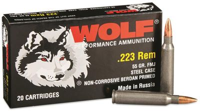 WOLF .223 55G FMJ 20RD BOX, STEEL CASE