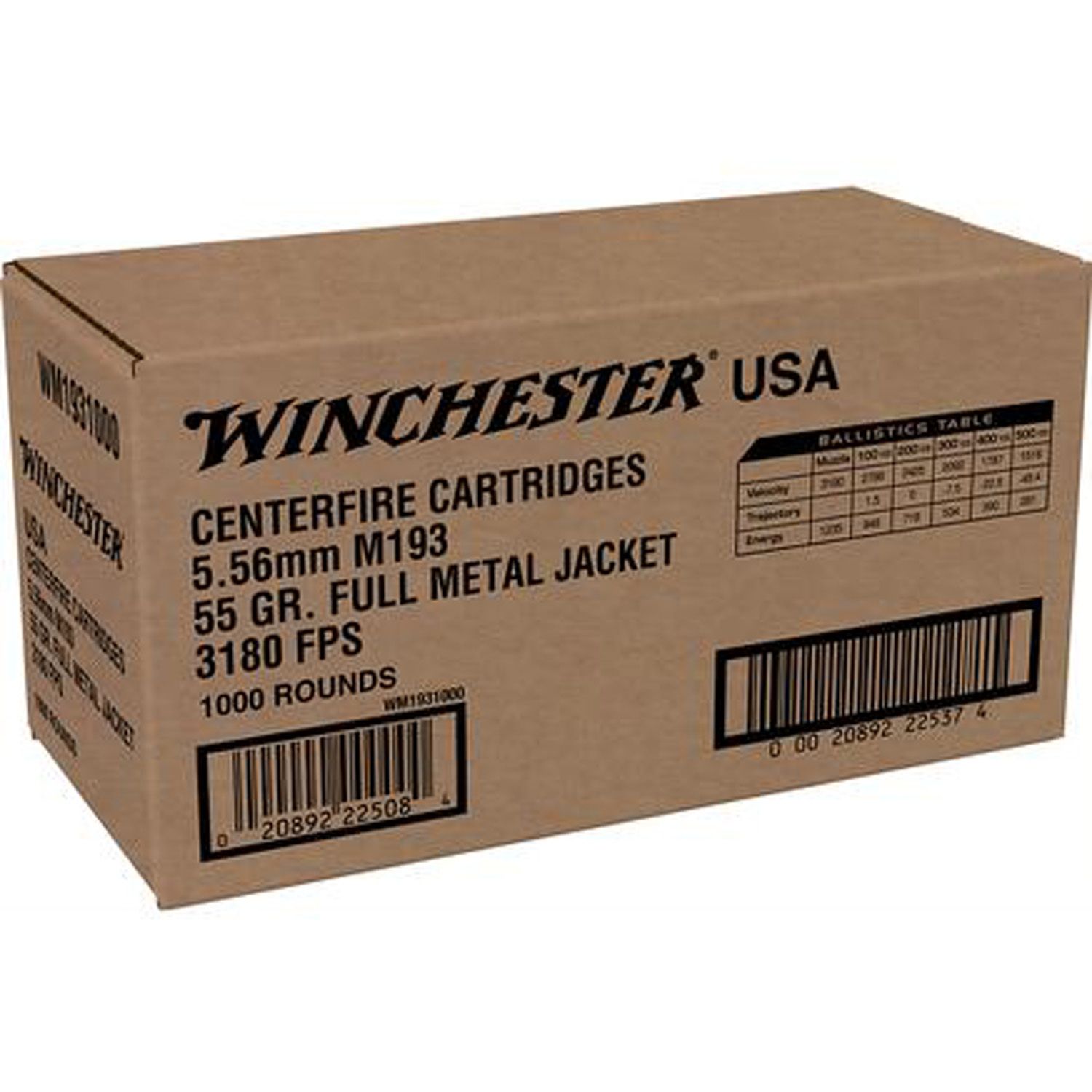 WINCHESTER 5.56 M193, 55GR FMJ, 1000RD/BX, WM1931000