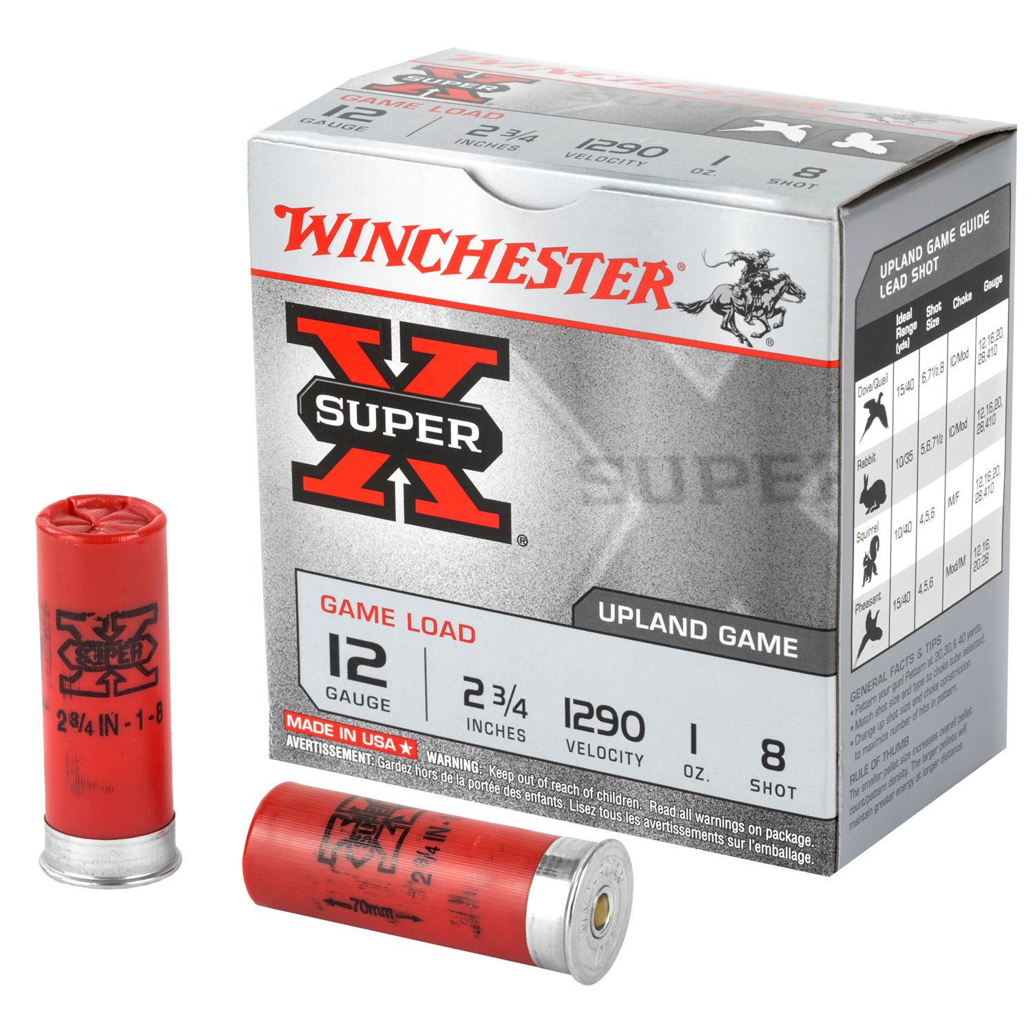 WINCHESTER SUPER-X, 12 GAUGE, 2.75&quot;, GAME LOAD, #8, 1 OZ., SHOTSHELL, 25 ROUND BOX XU128; 020892013278
