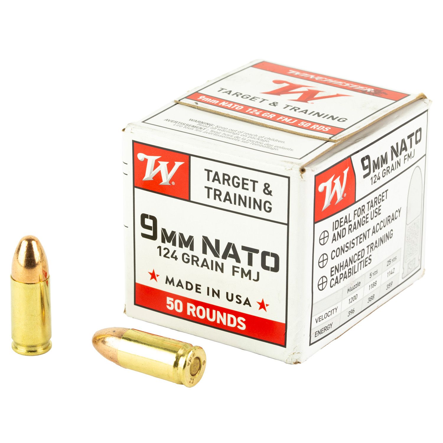 WINCHESTER USA 9MM NATO 124 GRAIN FULL METAL JACKET FMJ BRASS CASED PISTOL AMMO, 50 ROUNDS