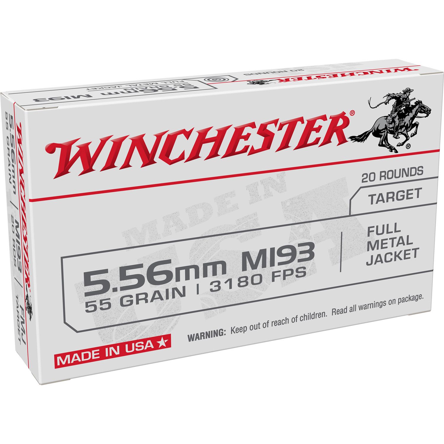WINCHESTER USA LAKE CITY M193 RIFLE AMMUNITION 5.56MM 55GR FMJ 3180 FPS, 20RD/BOX