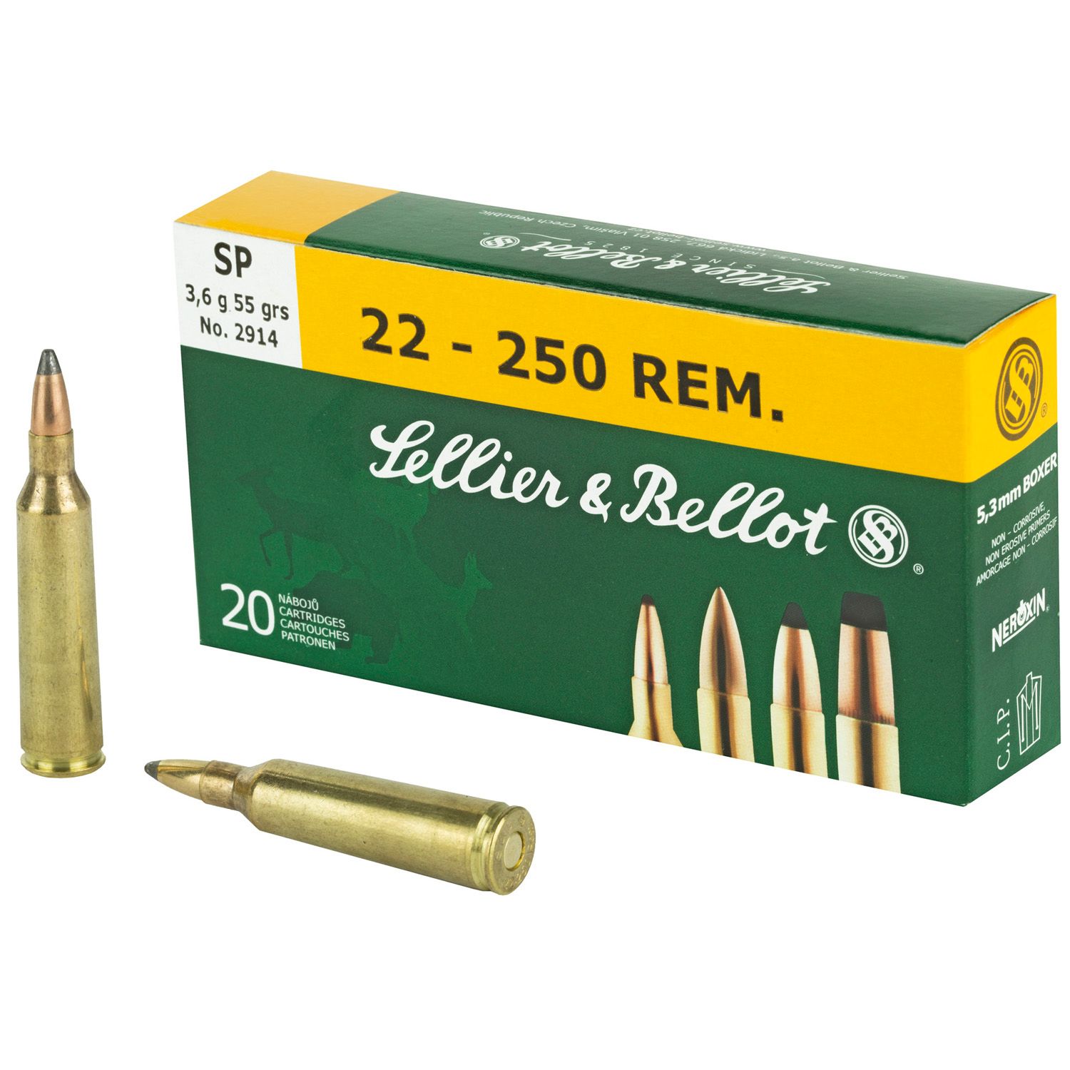S&amp;B .22-250, 55GR SP, 20RD/BX, SB22250B