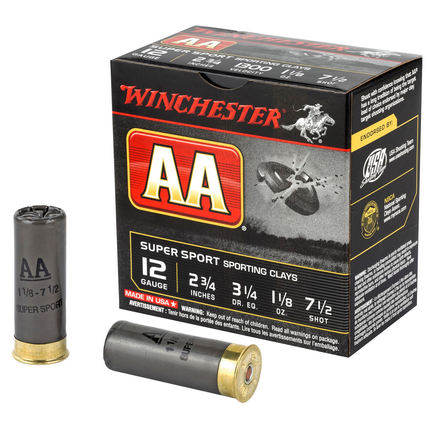 WINCHESTER AA SUPERSPORT SPORTING CLAY, 12 GAUGE, 2.75&quot;, #7.5, 1.125 OZ., SHOTSHELL, 25 ROUND BOX; 020892013995