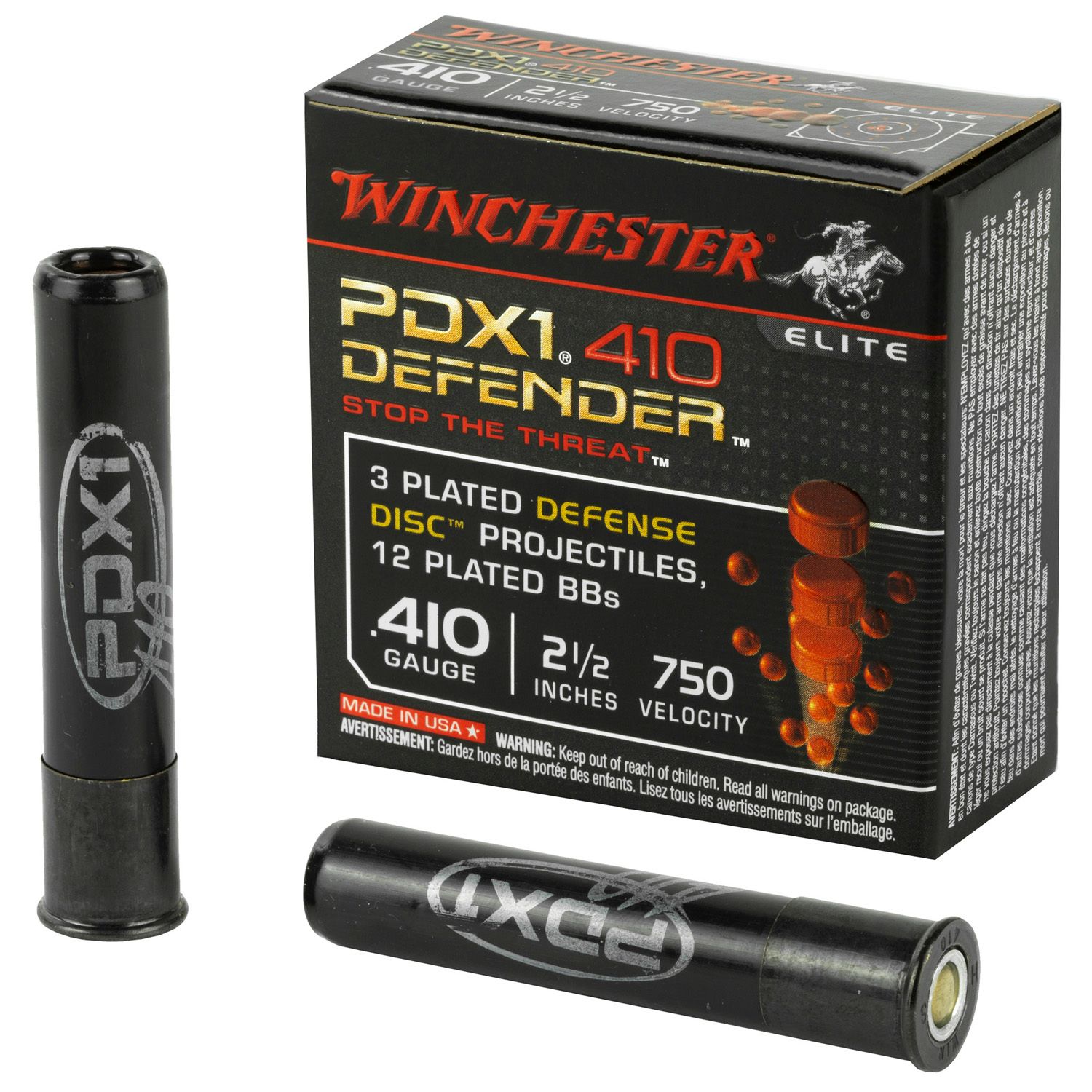 WINCHESTER SUPREME ELITE PDX1 PERSONAL DEFENSE SHOTGUN AMMUNITION .410 GA 2 1/2&quot; 3 DISC, 12 PLTS SLUG 750 FPS 10/CT