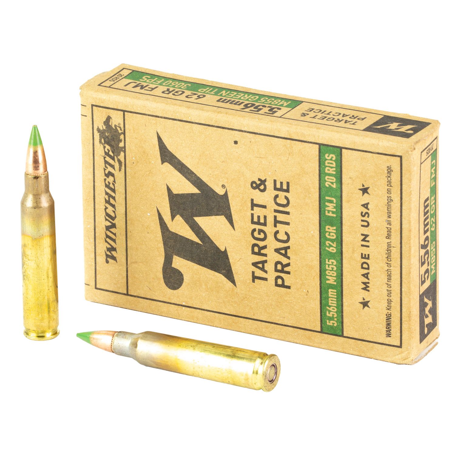 Winchester USA Lake City M855 Green Tip Rifle Ammunition 5.56mm 62 gr. FMJ 3060 fps 20/ct, 020892228474, WM855K