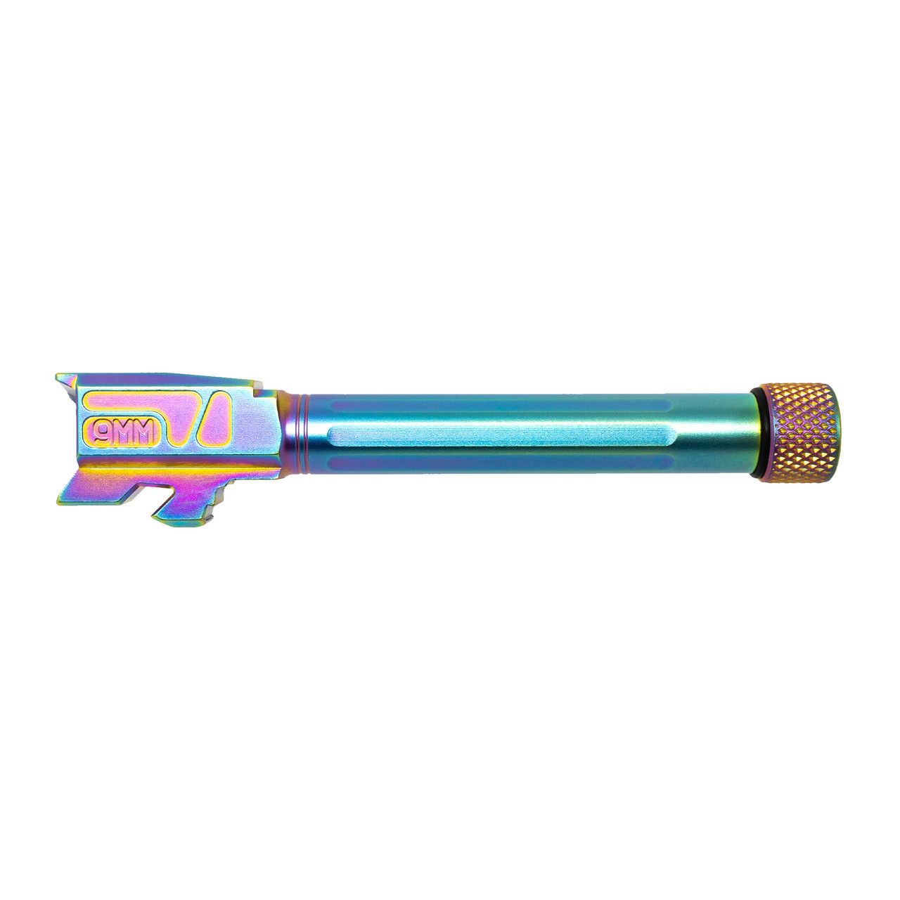 FAXON MATCH SERIES STRAIGHT FLUTED BARREL FOR G48, 1/10 TWIST, 416-R MATERIAL, CHAMELEON PVD FINISH, TARGET CROWNED, THREADED