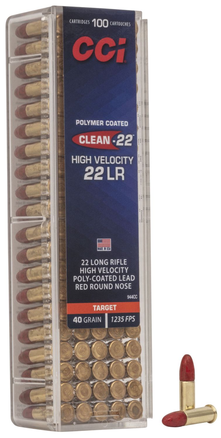 CCI Clean-22 High Velocity .22 Long Rifle Ammunition 100 Rounds 40 Grain Polymer Red Coated Lead Rounds Nose, 604544650327, 944CC