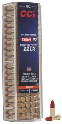CCI Clean-22 High Velocity .22 Long Rifle Ammunition 100 Rounds 40 Grain Polymer Red Coated Lead Rounds Nose, 604544650327, 944CC