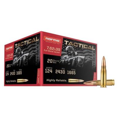 Norma Range &amp; Training Rifle Ammunition 7.62x39 124gr FMJ 2430 fps 20/ct, 810036150415, 295540020