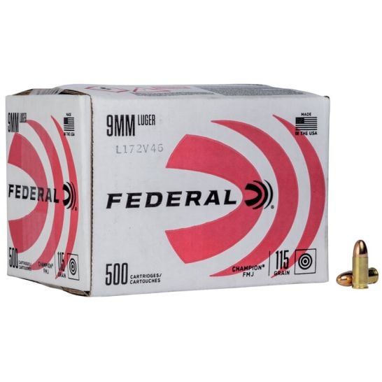 Federal Champion Training Handgun Ammunition 9mm Luger 115 gr FMJ 1125fps 500/ct (Bulk), 604544679083, C9115A500