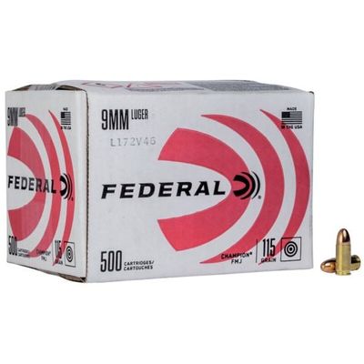Federal Champion Training Handgun Ammunition 9mm Luger 115 gr FMJ 1125fps 500/ct (Bulk), 604544679083, C9115A500