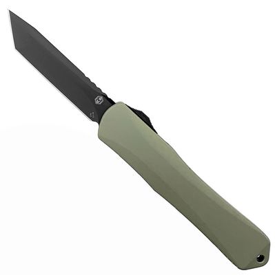 Heretic Knives Manticore X Tactical OTF AUTO 3.7&quot; CPM-MagnaCut Black DLC Tanto Blade, Green Aluminum Handles