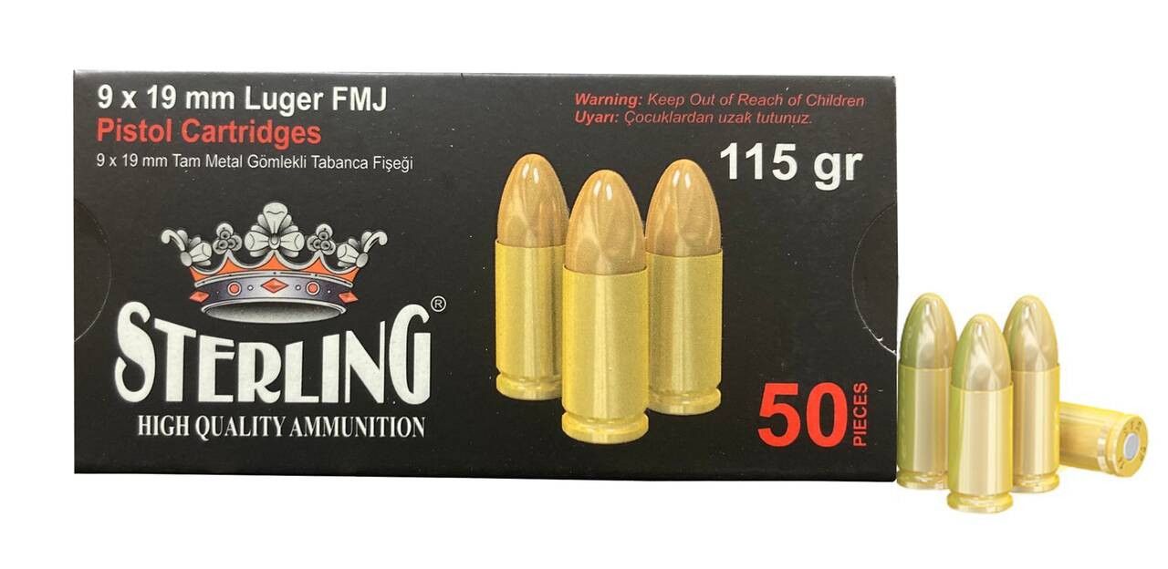 Sterling, Brass Case, 9MM, 115 Grain, Full Metal Jacket, 50 Round Box, 8698779955748