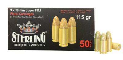 Sterling, Brass Case, 9MM, 115 Grain, Full Metal Jacket, 50 Round Box, 8698779955748