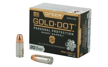 Speer Gold Dot Short Barrel Handgun Ammunition 9mm Luger (+P) 124 gr HP 1150 fps 20/ct, 604544647204, 23611GD