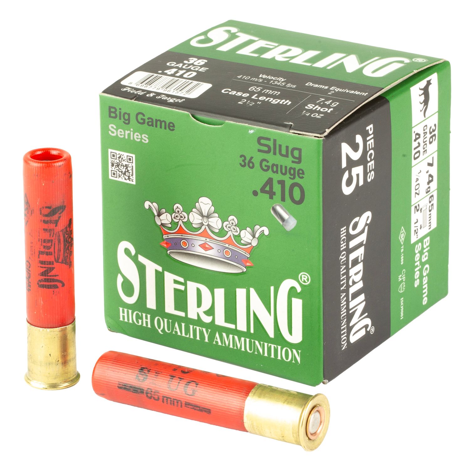 Sterling, Big Game Series, 410 Gauge 2.5&quot;, 10 Grain, 1/4 oz, Rifled Slug, 25 Round Box, 8698779961572