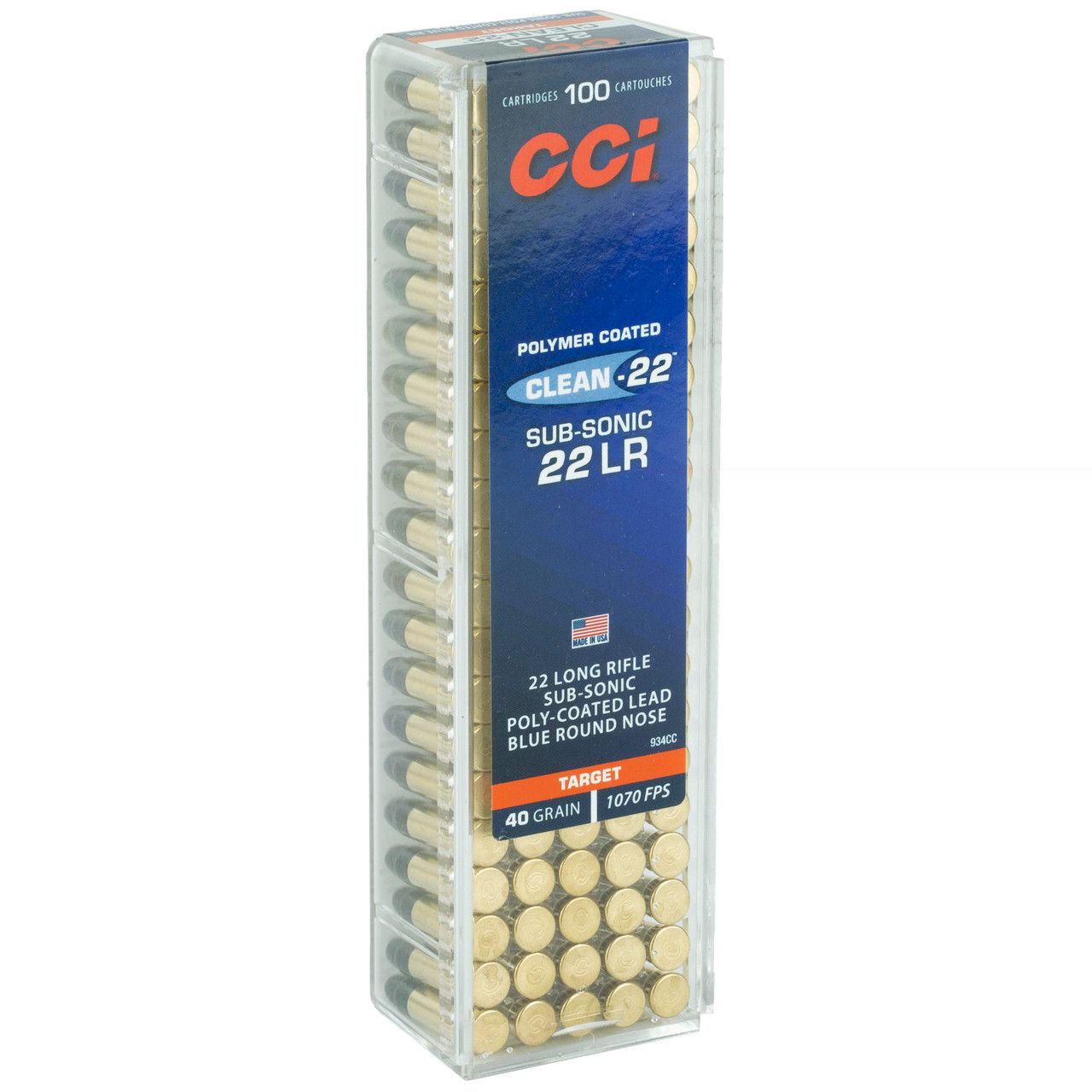 CCI Clean-22 Sub Sonic .22 Long Rifle Ammunition 100 Rounds 40 Grain Polymer Blue Coated Lead Rounds Nose, 604544650310, 934CC