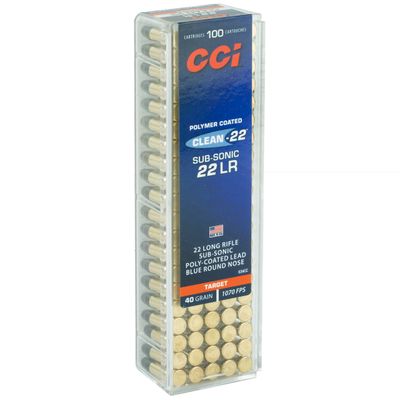 CCI Clean-22 Sub Sonic .22 Long Rifle Ammunition 100 Rounds 40 Grain Polymer Blue Coated Lead Rounds Nose, 604544650310, 934CC
