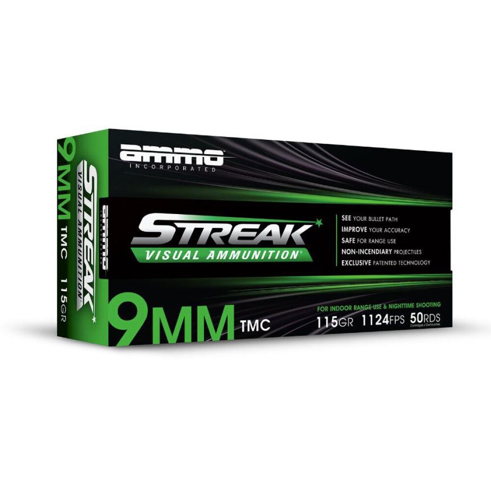 AMMO INC. 9MM STREAK GREEN, 115GR TMC, 50RD/BX, 818778023493, 9115TMCSTRKGRN50
