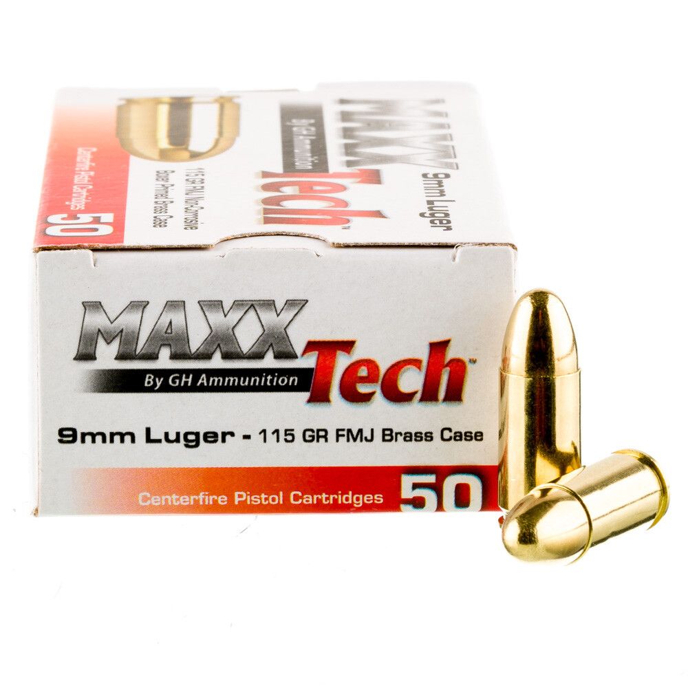 Maxxtech Brass Casefire Handgun Ammunition 9mm Luger 115 gr FMJ 50/ct, 3877000251476, PTGB9MMB