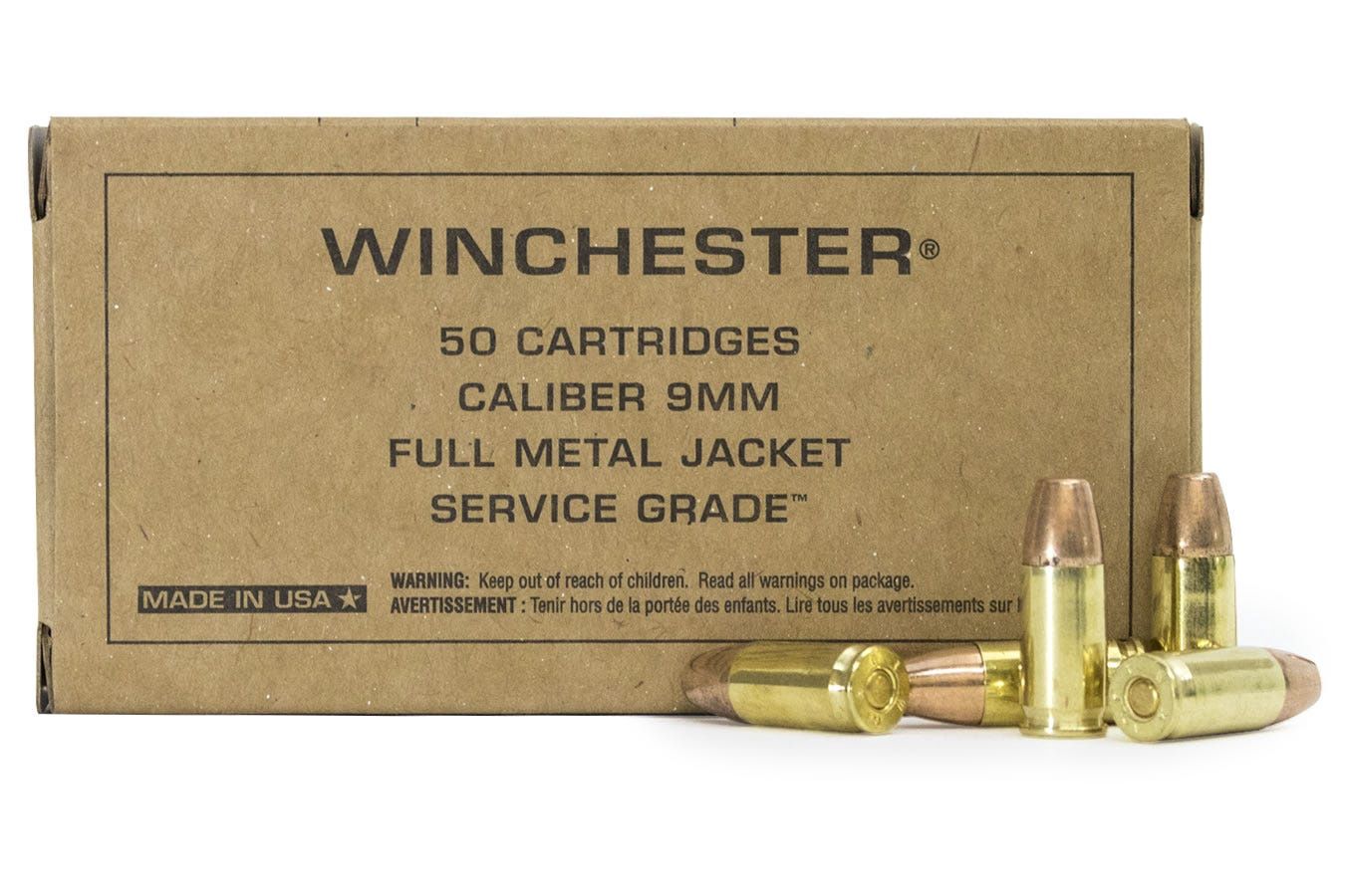 WINCHESTER SERVICE GRADE 9MM LUGER 115GR FMJ 50RD 10BX/CS, 020892225190, ASG9W