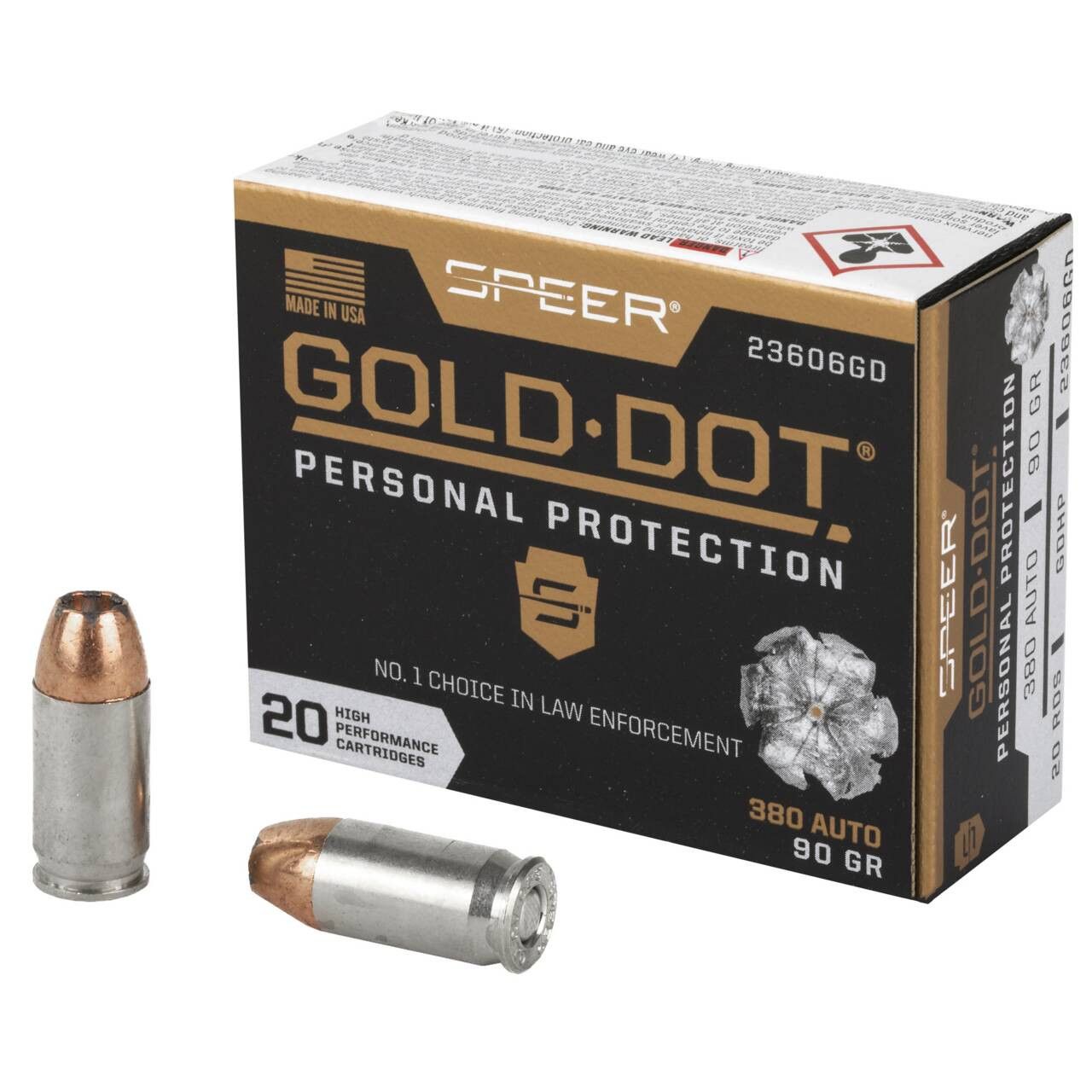 Speer Gold Dot 380ACP, 90 Grain, HP, 20rd Box, 23606GD, 604544647198