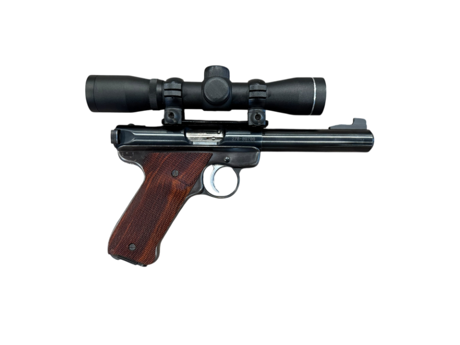 *USED* RUGER MARK III TARGET 5.5" 22LR PISTOL, BLK/WOOD, W/ 2 MAGS, 2.5X30 SCOPE