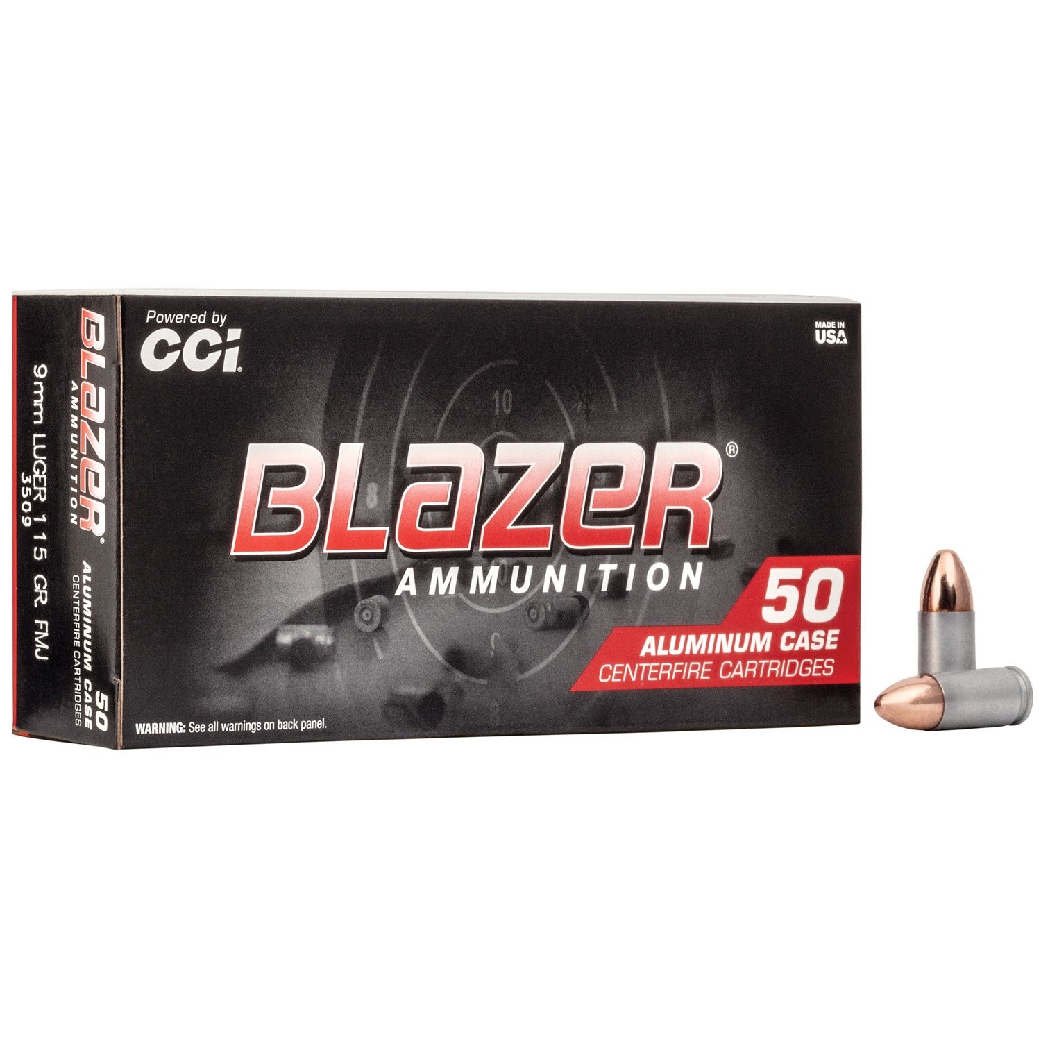 CCI Blazer Aluminum Handgun Ammunition 9mm Luger 115 gr. FMJ 1145 fps 50/ct, 076683035097, 3509
