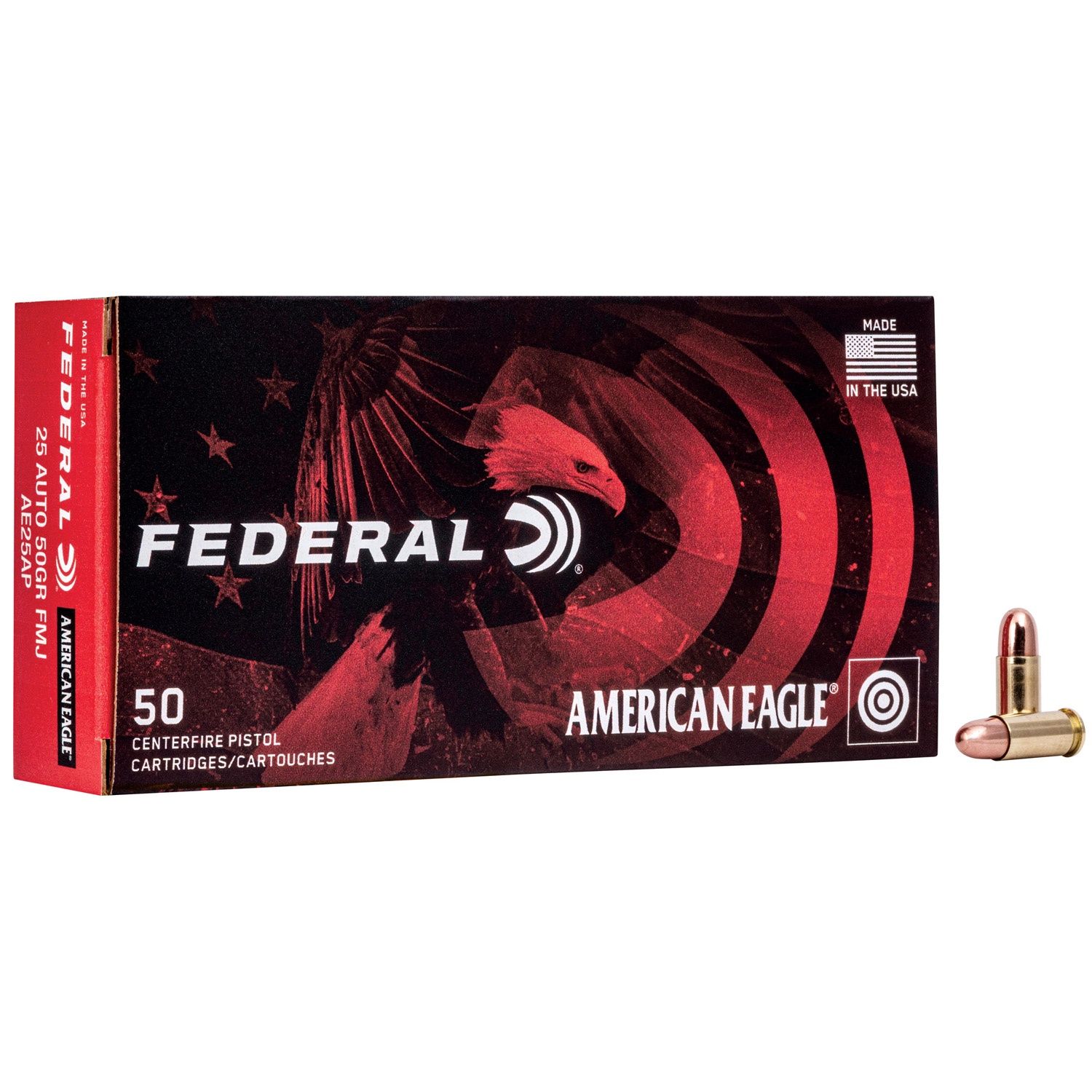 FEDERAL .25ACP Am. Eagle, 50GR FMJ, 50RD/BX, 029465085049, AE25AP