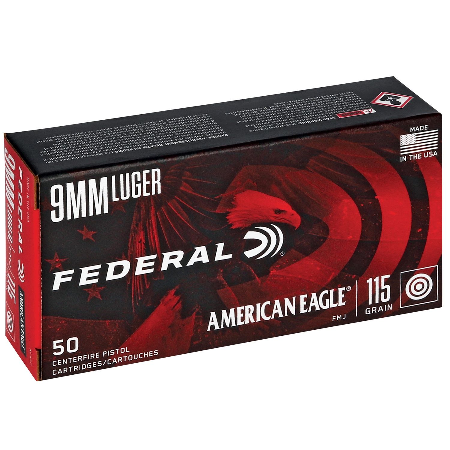 American Eagle Handgun Ammunition 9mm Luger 115 gr FMJ 1180 fps 50/ct, 029465088224, AE9DP