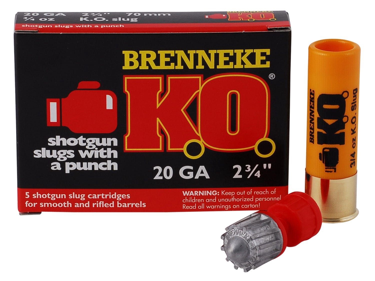 Brenneke 20 Gauge K.O. 2-3/4" Rifled Slug 3/4 Oz 5 Rounds, 4030128200989, SL202KO