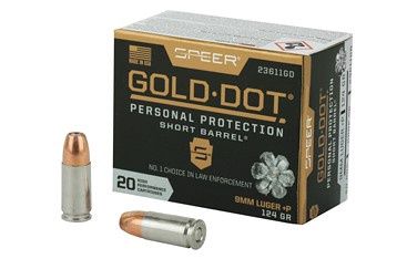 Speer Gold Dot Short Barrel Handgun Ammunition 9mm Luger (+P) 124 gr HP 1150 fps 20/ct, 604544647204, 23611GD