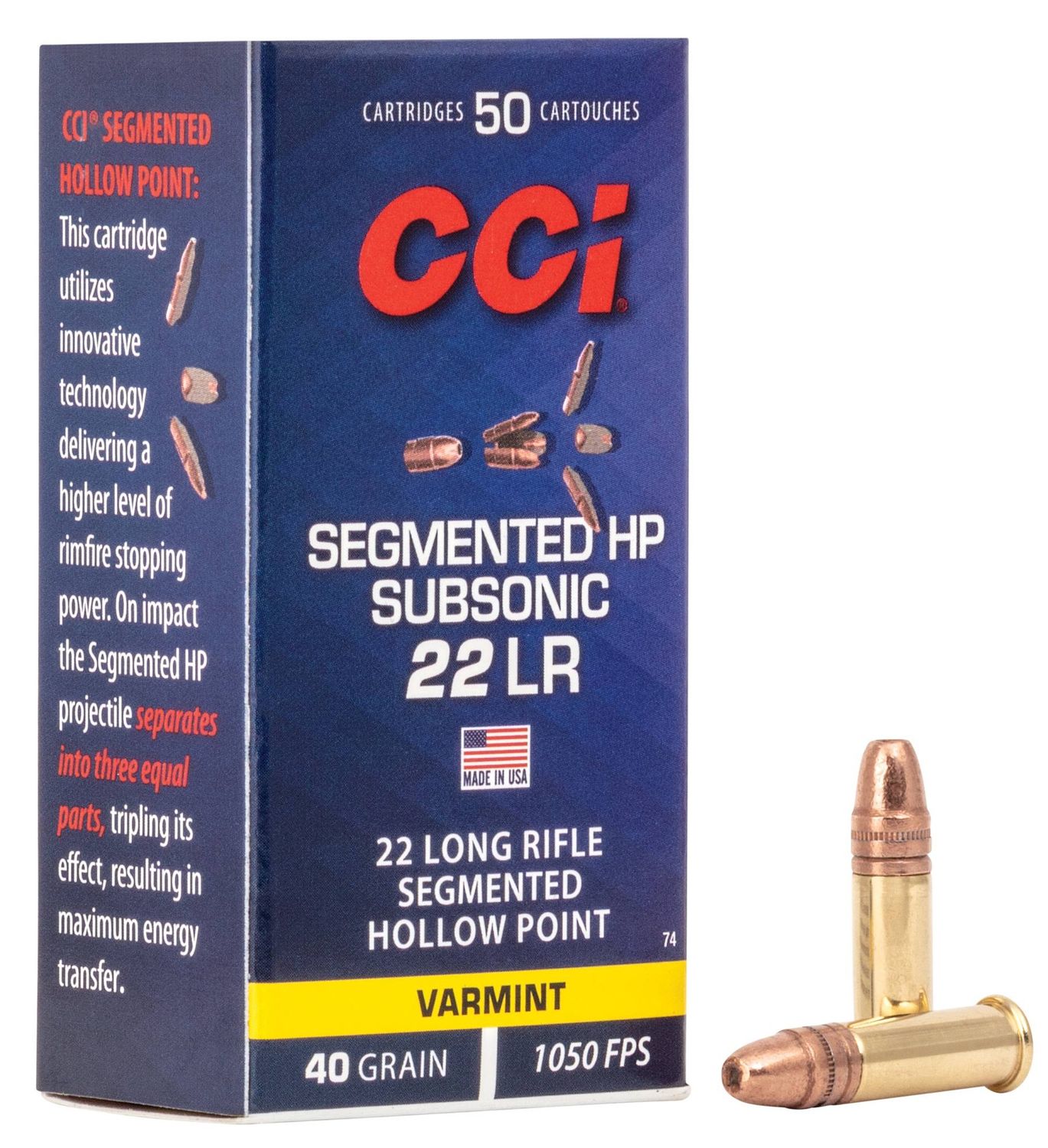 CCI Segmented HP Subsonic Rimfire Ammunition .22 LR 40 gr 1050 fps 50/ct, 076683000743, 0074