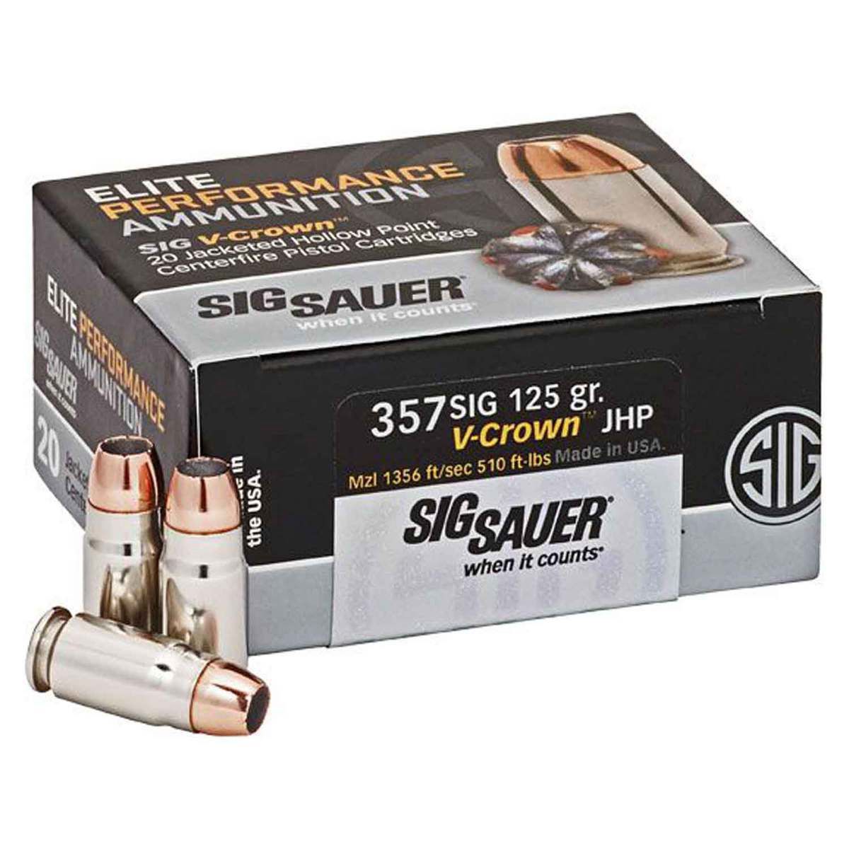 Sig Sauer E357S120 Elite V-Crown  357 Sig 125 gr Jacketed Hollow Point (JHP) 20 Bx/ 10 Cs